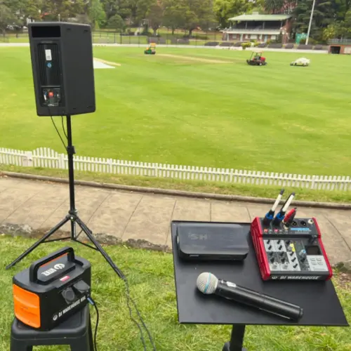 DJ Equipment Set Up at a Cricket Ground.Sports Events.